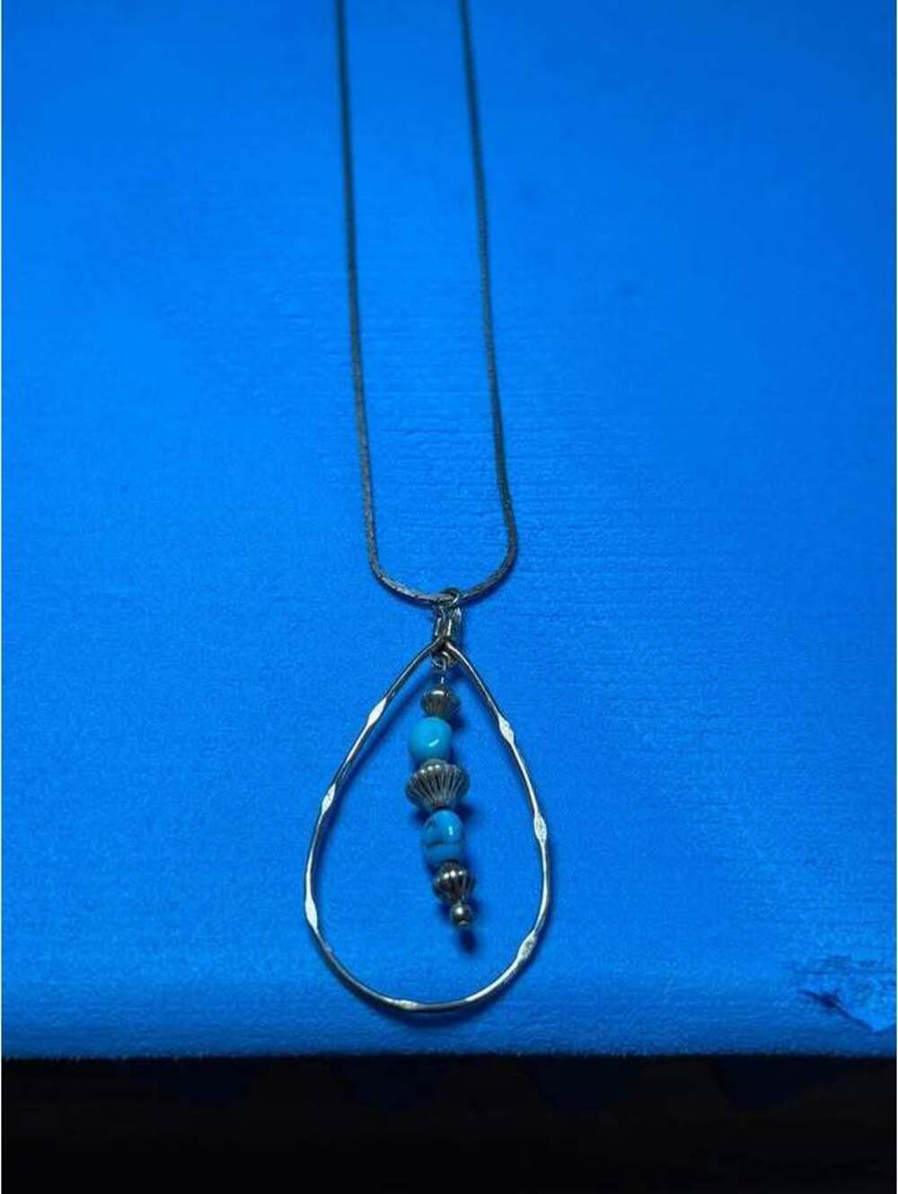 Silver Tone Teardrop Pendant Necklace with Turquoise Beads